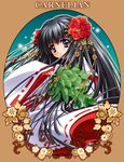  black_hair blue_eyes camellia carnelian copyright_request flower flower_border hair_flower hair_ornament japanese_clothes jewelry kimono leaf long_hair miko ribbon-trimmed_sleeves ribbon_trim solo very_long_hair 