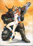  80s appleseed bare_shoulders bodysuit boots briareos_hecatonchires brown_hair deunan_knute fingerless_gloves gloves green_eyes gun highres intron_depot oldschool rifle robot_ears shirou_masamune short_hair size_difference skin_tight weapon white_bodysuit 