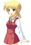  :d blonde_hair collared_shirt dress green_eyes hidamari_sketch long_sleeves looking_at_viewer miyako odayan open_mouth outstretched_arms red_dress school_uniform shirt short_hair smile solo white_shirt 