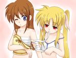  bandages blonde_hair brown_hair fate_testarossa long_hair lyrical_nanoha mahou_shoujo_lyrical_nanoha mouth_hold multiple_girls one_eye_closed pizanuko purple_eyes red_eyes sarashi takamachi_nanoha twintails 