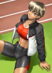  bang-you bike_shorts blue_eyes bra breasts brown_hair cameltoe grass jacket large_breasts midriff muscle navel original shiny shiny_skin short_hair solo spandex sport sports_bra tomboy track_and_field underwear 