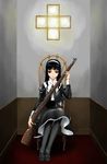  bang-you black_eyes black_hair black_legwear bolt_action brown_eyes cross gothic gothic_lolita greek_cross gun hairband lolita_fashion long_hair mosin-nagant original pantyhose rifle sitting solo weapon 