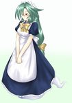  alternate_costume apron blush bow enmaided ghost_tail green_eyes green_hair hair_bow long_hair maid maid_apron maid_headdress mima sakuragi_rian solo touhou touhou_(pc-98) v_arms 