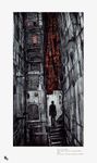  1boy blame! building full_body highres industrial_pipe machinery male_focus monster nihei_tsutomu outdoors photoshop_(medium) science_fiction silhouette spot_color standing window 