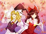  :d apron ascot blonde_hair bow brown_eyes brown_hair detached_sleeves dress hair_bow hakurei_reimu hat kirisame_marisa long_sleeves looking_at_viewer looking_back multiple_girls ofuda open_mouth red_bow red_dress ribbon-trimmed_sleeves ribbon_trim shippori smile touhou waist_apron witch_hat yellow_eyes 