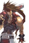  abs brown_hair english gauntlets guilty_gear headband looking_away male_focus muscle shihira_tatsuya simple_background smirk sol_badguy solo sword weapon yellow_eyes 