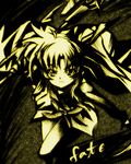  character_name closed_mouth dress expressionless fate_testarossa long_hair long_sleeves looking_at_viewer lyrical_nanoha mahou_shoujo_lyrical_nanoha monochrome nekomamire solo uniform yellow 