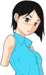  :&lt; arai_chie black_hair blue_vest blush bob_cut brown_eyes closed_mouth collared_vest earrings jewelry non-web_source sayonara_zetsubou_sensei simple_background sleeveless solo upper_body vest white_background 