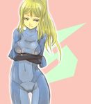  blonde_hair blue_bodysuit blue_eyes bodysuit breasts large_breasts long_hair metroid michikusa_(roadksa) ponytail samus_aran solo thigh_gap zero_suit 