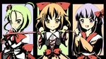  :d black_dress blush bow bowtie breasts capelet cleavage dress frills green_eyes green_hair long_sleeves looking_at_viewer medium_breasts multiple_girls open_mouth orange_hair original purple_eyes purple_hair red_bow red_neckwear ribbon smile toda_ayu upper_body yellow_eyes 