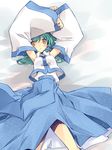  :o arms_up asoka bed_sheet blue_skirt blush detached_sleeves from_above green_eyes green_hair kochiya_sanae long_hair long_sleeves looking_at_viewer nontraditional_miko parted_lips skirt solo touhou vest 