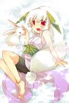 anklet bad_id bad_pixiv_id barefoot bike_shorts bunny cape feet jewelry long_hair lying open_mouth original parody red_eyes see-through smile snow snow_bunny solo tachitsu_teto very_long_hair white_hair 
