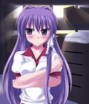  breast_press breasts clannad collared_shirt covering covering_breasts crossed_arms embarrassed eyebrows_visible_through_hair fujibayashi_kyou gym_storeroom gym_uniform indoors jun_(aoerm) long_hair looking_away looking_to_the_side medium_breasts parted_lips purple_eyes purple_hair shirt short_sleeves solo upper_body very_long_hair white_shirt 