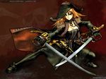  breasts christabel_p._athamastus cleavage copyright_request large_breasts legs_apart pirate shadow shirou_masamune solo sword wallpaper weapon 