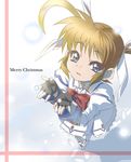  black_gloves blue_eyes blush bow bowtie christmas dress fingerless_gloves gloves long_sleeves looking_at_viewer lyrical_nanoha magical_girl mahou_shoujo_lyrical_nanoha merry_christmas nekomamire red_bow red_neckwear simple_background solo takamachi_nanoha twintails white_background white_dress 