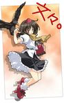  asoka bird bird_on_hand crow geta hat looking_at_viewer scarf shameimaru_aya solo tengu-geta touhou 