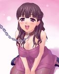  blush breasts brown_eyes brown_hair chain cleavage collar earrings jewelry large_breasts leash long_hair lowres mitsudomoe oekaki open_mouth pantyhose sitting solo sugisaki_marina thighhighs v_arms wariza zen 