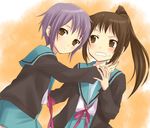  blush brown_eyes cardigan genderswap genderswap_(mtf) hijiki_(hijikini) kita_high_school_uniform kyonko long_sleeves multiple_girls nagato_yuki ponytail purple_hair school_uniform serafuku short_hair suzumiya_haruhi_no_yuuutsu sweatdrop 