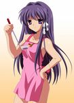  apron clannad fujibayashi_kyou hair_ribbon highres ladle long_hair naked_apron purple_eyes purple_hair ribbon solo third-party_edit 