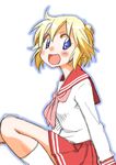  :d blonde_hair blue_eyes blush looking_at_viewer lucky_star mikami_komata open_mouth outline patricia_martin pink_neckwear ryouou_school_uniform school_uniform serafuku short_hair simple_background smile solo white_background 