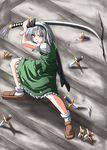  blush bobby_socks dagger dress fighting_stance full_body green_dress green_eyes katana konpaku_youmu legs_apart loafers looking_at_viewer scabbard sheath shoes silver_hair socks solo stairs standing subaru_noji sword touhou unsheathed weapon white_legwear 