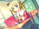  ahoge blush computer desk highres laptop school_uniform serafuku 