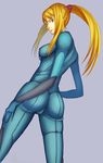  ass blonde_hair blue_bodysuit blue_eyes bodysuit long_hair looking_back metroid pepe_(pepe's_hp) ponytail samus_aran solo zero_suit 