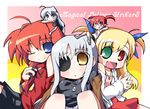  :d agito_(nanoha) ahoge blonde_hair blue_eyes border chibi chibi_on_head cinque_(nanoha) eyepatch green_eyes heterochromia long_hair looking_at_viewer lyrical_nanoha mahou_shoujo_lyrical_nanoha_strikers minigirl miniskirt multiple_girls nanateru numbers_(nanoha) on_head open_mouth red_eyes red_hair reinforce_zwei sidelocks silver_hair sitting skirt smile upper_body vita vivio yellow_eyes 