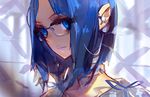  blue_eyes blue_hair copyright_request earpiece glasses panamaman ribbon smile solo 