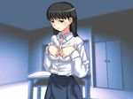 1girl 774 774_(nanashi) black_hair blush breasts copyright_request female girl indoors large_breasts long_hair solo sweat undressing 