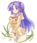  blue_(ao_maru) blue_eyes blue_hair clannad cowboy_shot daffodil flower hair_bobbles hair_ornament ichinose_kotomi long_hair no_pants panties simple_background solo striped striped_panties two_side_up underwear white_background 