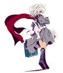  apron black_dress boots carrying dress full_body izayoi_sakuya long_sleeves looking_at_viewer looking_back red_eyes rubber_boots shino_(eefy) short_hair silver_hair solo suitcase touhou walking white_background 