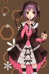  :p bad_id bad_pixiv_id black_choker black_dress black_ribbon brown_background brown_eyes cake choker cowboy_shot double-breasted dress finger_to_mouth food frilled_hairband frilled_shirt_collar frills gothic_lolita hair_ribbon hairband hijiki_(hijikini) holding holding_food layered_dress layered_sleeves lolita_fashion lolita_hairband long_sleeves looking_to_the_side nagato_yuki purple_hair ribbon ribbon_trim short_hair simple_background sleeves_past_wrists solo standing striped striped_legwear suzumiya_haruhi_no_yuuutsu thighhighs tongue tongue_out wide_sleeves zettai_ryouiki 