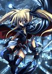  bardiche belt black_legwear blonde_hair buckle building cape city fate_testarossa flying full_moon kouno_hikaru long_hair looking_at_viewer lyrical_nanoha mahou_shoujo_lyrical_nanoha moon moonlight night red_eyes solo thighhighs twintails very_long_hair zettai_ryouiki 