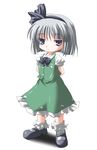  arms_behind_back black_hairband blue_eyes bobby_socks buttons dress full_body green_dress hair_ribbon hairband konpaku_youmu looking_at_viewer mary_janes puffy_short_sleeves puffy_sleeves ribbon shoes short_hair short_sleeves silver_hair socks solo standing subaru_noji touhou white_legwear 