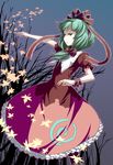  expressionless flower frills front_ponytail grass green_eyes green_hair grey_background kagiyama_hina mishima_hiroji plant puffy_short_sleeves puffy_sleeves shawl short_sleeves simple_background solo standing touhou wrist_cuffs 