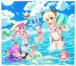  animal_ears armcho arms_up ball beach beachball bikini blonde_hair blue_eyes blue_hair blush_stickers braid breasts bunny_(trickster) cat_(trickster) cleavage closed_eyes cloud day fox_(trickster) glasses hat horns innertube long_hair lying medium_breasts multiple_girls open_mouth outdoors palm_tree pink_hair purple_hair sheep_(trickster) short_hair side-tie_bikini sky small_breasts standing straw_hat striped striped_bikini submerged summer swimsuit tankini tree trickster tropical_drink twin_braids vertical-striped_bikini vertical_stripes water 