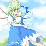  ^_^ artist_request blue_bow blue_hair bow bowtie cirno closed_eyes cloud daiyousei day eyebrows_visible_through_hair fairy_wings grass green_eyes green_hair hair_bow hair_ribbon hug lowres multiple_girls open_mouth puffy_short_sleeves puffy_sleeves ribbon shirt short_hair short_sleeves sky touhou white_shirt wings yellow_bow yellow_neckwear yellow_ribbon 