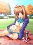  arm_support autumn bench blanket blush bow brown_hair day food grass kawai_rie loose_socks lovers mouth_hold open_clothes open_shirt outdoors pocky red_eyes school_uniform shirt short_hair skirt snack socks solo taki_minashika tree 