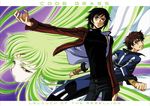  2boys black_hair brown_hair c.c. code_geass green_eyes green_hair kimura_takahiro kururugi_suzaku lelouch_lamperouge long_hair multiple_boys purple_eyes yellow_eyes 