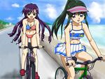  american_flag_bikini ankoku_tiger bicycle bikini caren_(mermaid_melody_pichi_pichi_pitch) cosplay day drill_hair flag_print ground_vehicle hat mermaid_melody_pichi_pichi_pitch midriff multiple_girls non-web_source oekaki official_style panties pantyshot riding skirt swimsuit touin_rina underwear 