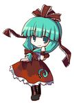  bangs blunt_bangs boots bow brown_footwear dollar dress front_ponytail full_body green_eyes green_hair hair_bow kagiyama_hina knee_boots looking_at_viewer lowres puffy_short_sleeves puffy_sleeves red_bow red_dress short_sleeves simple_background solo standing touhou white_background wrist_cuffs 