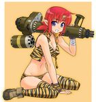  animal_print bikini blue_eyes boots breasts cleavage grin gun horn itoji medium_breasts midriff original pointy_ears red_hair short_hair sitting smile solo swimsuit thighhighs tiger_print vest weapon 
