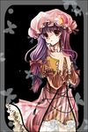 :o bad_id bad_pixiv_id blush book cowboy_shot crescent dress grimoire hands_on_own_chest hat holding holding_book long_hair long_sleeves mob_cap parted_lips patchouli_knowledge purple_dress purple_eyes purple_hair rabishia sidelocks solo standing striped touhou vertical_stripes very_long_hair 