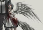  1girl black_hair blood copyright_request disembodied_wing dress flowwolf long_hair red_eyes size_difference torn_wings wings 