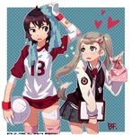  ball bandages bf._(sogogiching) black_eyes brown_hair clipboard clothes_writing green_eyes gym_uniform jacket jersey long_hair looking_at_another multiple_girls obentou original plaid plaid_skirt raglan_sleeves school_uniform short_hair skirt tail thighhighs tomboy towel track_jacket twintails volleyball wristband yuri 