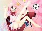  :d ? ball benesse brown_eyes cape cup eraser fang feet hat hatena_yousei long_hair misaki_takahiro mug open_mouth panties pantyshot pink_hair pink_hat smile soccer_ball solo striped striped_panties thighhighs toothbrush underwear 