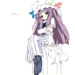  blush crossed_arms dress full_body hat loafers long_hair long_sleeves looking_at_viewer mob_cap patchouli_knowledge purple_eyes purple_hair shino_(eefy) shoes solo tareme touhou very_long_hair white_dress 