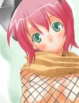  breasts cleavage fishnets gouma_reifuden_izuna green_eyes izuna large_breasts ninja pink_hair scarf solo yohane 