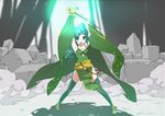  armpits arms_up boots breasts cape cleavage detached_sleeves final_fantasy final_fantasy_iv green_eyes green_footwear green_hair hair_ornament long_hair medium_breasts open_mouth rydia solo thighhighs yomi_(indigoriver) 